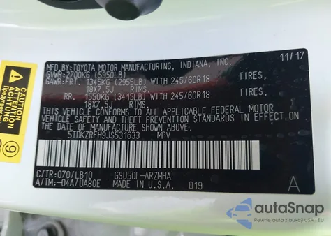 2018 Toyota Highlander Se/Xle z USA, uszkodzony, nr VIN 5TDKZRFH9JS531633